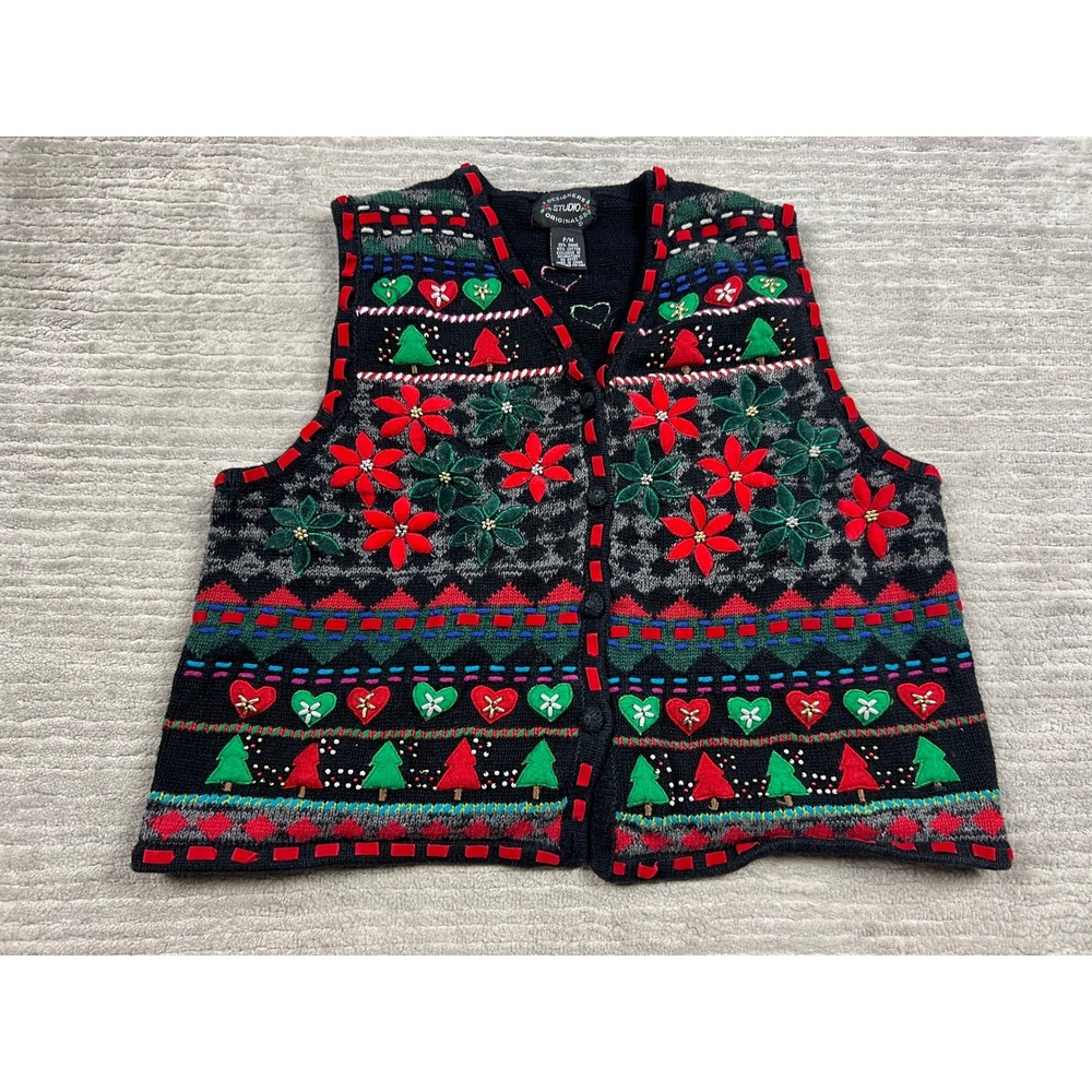Designers Studio Originals Vest Womens M Black Christmas Poinsettia Beaded Knit